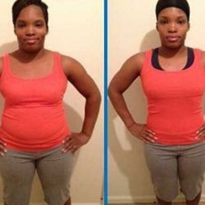 Woman in a light red tank top showing before and after progress